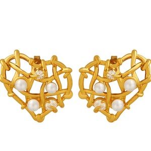 Gold and White Geometric Heart Earrings with Lattice Design